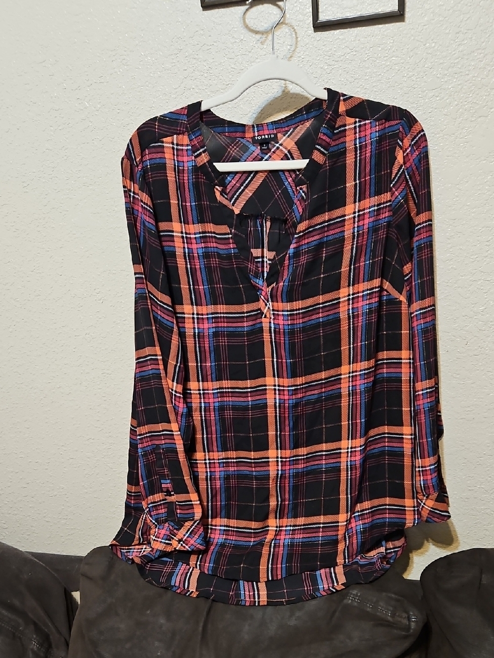 torrid Black Plaid Blouse with Orange & Blue Stripes